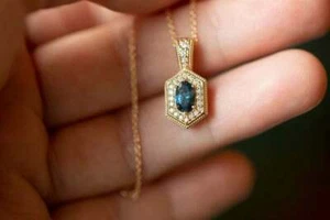 3.50Ct Oval Cut London Blue Topaz & Diamond Vintage Pendant 14K Yellow Gold Over - Picture 1 of 4