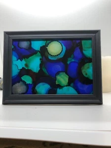 Quadro originale astratto inchiostro alcolico con cornice nera 5x7 - Foto 1 di 4