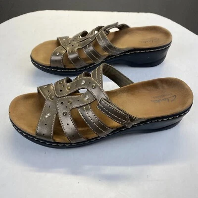 Sandalias Clarks Flexibles Mujer Cuña Sin Cordones Metálico Bronce Tirantes Talla 10 M Foto 1 de 4
