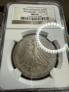 1855 Germany 2 Gulden Frankfurt Peace NGC MS64 Beautiful Toned - Picture 1 of 4