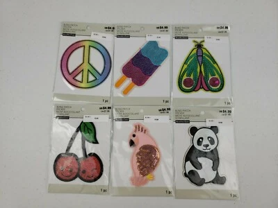 LOT OF 6 Bling Patches Stickers Peace Popsicle Dragonfly Cherry Parrot Panda - Image 1 of 4