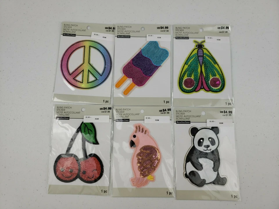 LOT OF 6 Bling Patches Stickers Peace Popsicle Dragonfly Cherry Parrot Panda - Image 1 of 4