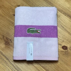 LACOSTE Bath Towel Cotton Loops 30 x 52 in. Pink Stripe w Large Crocodile New - Picture 1 of 4