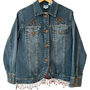 Diane Gilman Damen Denim Funky Boho Jacke Strass Knöpfe Perlen Fransen - Bild 1 von 6