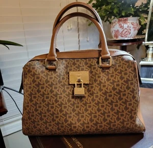 DKNY Logo Mocha/Gold Monogram Medium Women's Satchel Purse Handbag - Picture 1 of 11