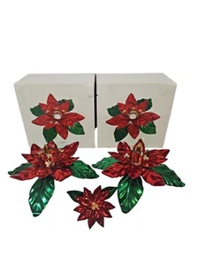 Department 56 Poinsettia Christmas Candle Holders x 2 July Pressed Jewel Metal - Picture 1 of 12
