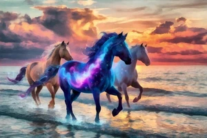 Fantasy Beach Horses di Vanessa Knight stampa artistica giclée contemporanea spedizione gratuita - Foto 1 di 3