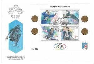 Winter Olympic Winner Bergmann Hallgeir Brenden Stein Eriksen Norway FDC 1992 - Picture 1 of 2