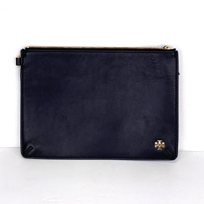 Tory Burch Black Leather Zip Pouchette Flat Makeup Essentials Designer Pouch - Image 1 of 4