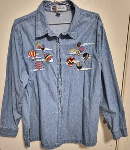 XL Vintage Passion-I Blue Denim Hot Air Balloon Embroidered Button Up Shirt 90s - Picture 1 of 10