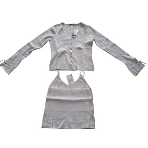 Neu 38 Damen 2-Teiler Twinset Jacke Strickjacke Träger Top Rippenstrick grau - Bild 1 von 2