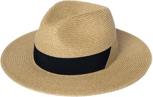 Women's Wide Brim Straw Fedora Sun Hat UPF 50+ Packable Travel Beach - Picture 1 of 6