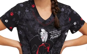 Disney Villans Cruella Scrub Top  SIZES LARGE/X LARGE/2XL NEW! PUPPIES WHO NEEDS - Picture 1 of 4
