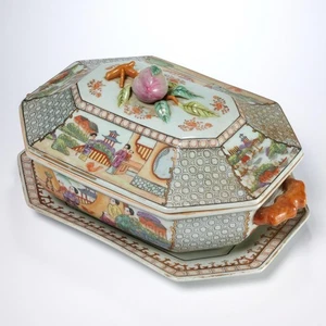 Chinesischer Export Familie Rose Pfirsich Endstück große Suppenterrine Deckel Unterteller Set - Bild 1 von 6