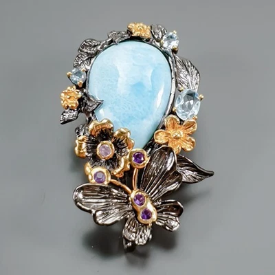Broche Larimar Natural Hecho a Mano 26 ct+ Plata de Ley 925/NB29977 Foto 1 de 4