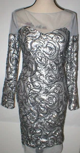 New NWT Designer Silver Badgley Mischka Womens 2 Metallic Sequin Cocktail Dress - Picture 1 of 12