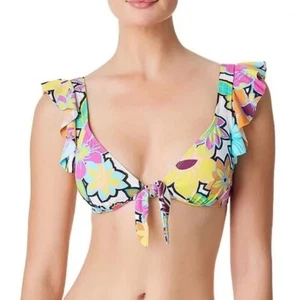 Bleu Rod Beattie WHITE MULTI Color Crush Ruffled Halter Bikini Swim Top, US 4 - Picture 1 of 4