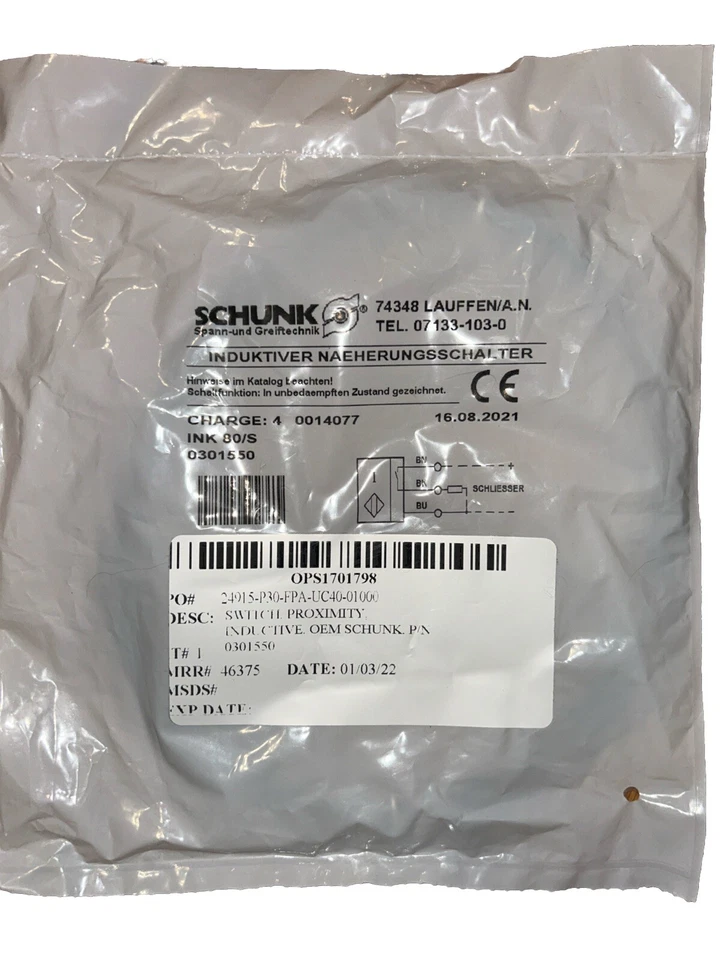 0301550 Inductive Proximity Switch Fits For Schunk INK 80/S. NEW!     C2 - Image 1 of 2