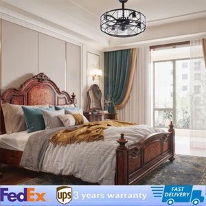 Caged Ceiling Fan with Light Farmhouse 3 Speed Enclosed Ceiling Fan Lamp +Remote - Picture 1 of 23