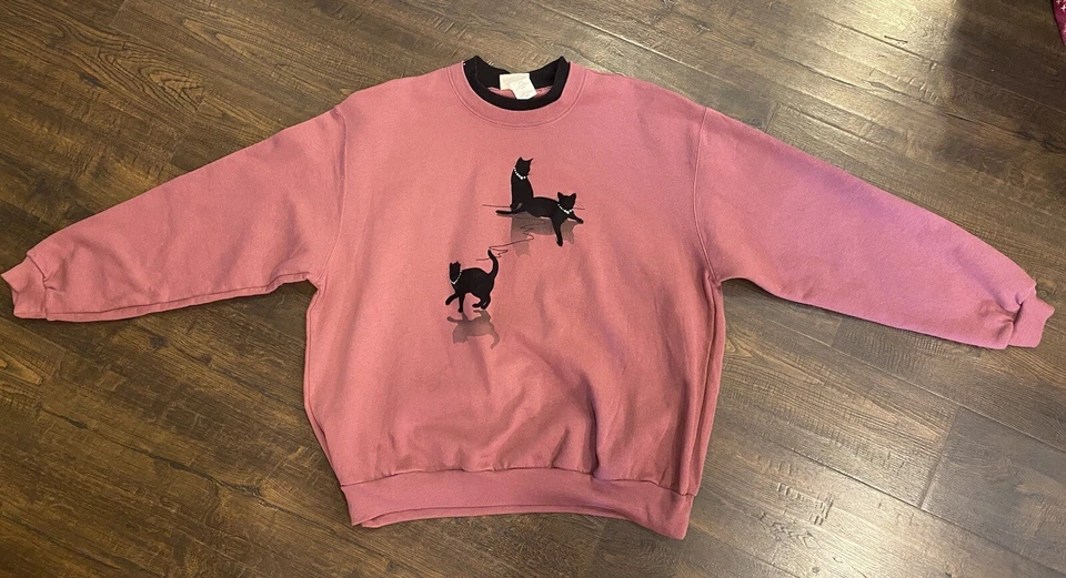 Винтажный верхний стежок толстовка женщин 2XL бархата Cat пуловер толстовка 90-х Crewneck - Изображение 1 из 4