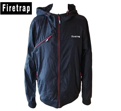 CHAQUETA FIRETRAP UK Talla M Negra Cortavientos Con Capucha Puño Acanalado Dobladillo Cremallera Informal Foto 1 de 4