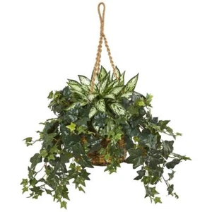 Nearly Natural Ivy/Silver Queen Artificial Plant in Hanging Basket Densely Pack - Picture 1 of 4