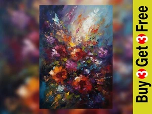Explosive Colors Abstract Floral Oil Painting Print 5" x 7" Art Decor - Picture 1 of 5