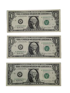 3 - 1999 One Dollar Bills Sequential Serial Numbers - Picture 1 of 2