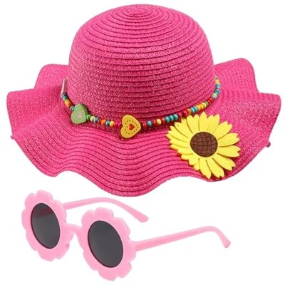 Girls Straw Hat with Flower Round Sunglasses, Summer Foldable Large Hot Pink - Image 1 of 4