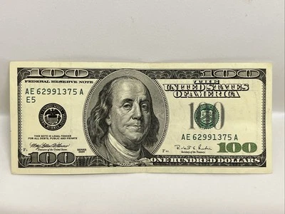 Series 1996 ~ US One Hundred Dollar Bill $100 ~ Richmond ~ AE 62991375 A - Image 1 of 2