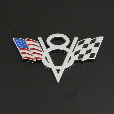 Silver V8 American US USA Flag Chrome Metal Front Emblem Badge For Chevrolet Car - Image 1 of 4