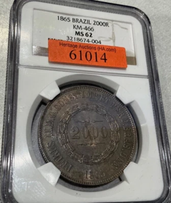 🌟 1865 Brazil 2000 Reis NGC MS62 Silver! Nice BU UNC FROM HERITAGE AUCTIONS - Image 1 of 2