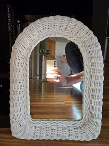 White Wicker Arched Wall Hanging Mirror Cottagecore Shabby 16 x 12 - Picture 1 of 5