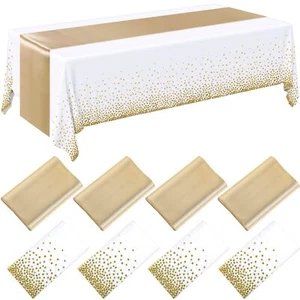 8 Pack White Gold Plastic Tablecloths & Satin Runners for Events - Picture 1 of 6