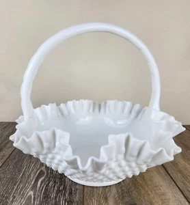Fenton Hobnail Milk Glass Basket 10" Ruffled Rim Vintage Farmhouse Decor - Picture 1 of 7