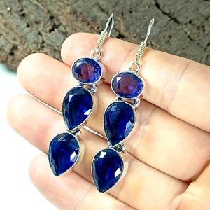 Blue Sapphire And Tanzanite Gemstone Earring 925 Sterling Silver Jewelry Earring - Picture 1 of 4