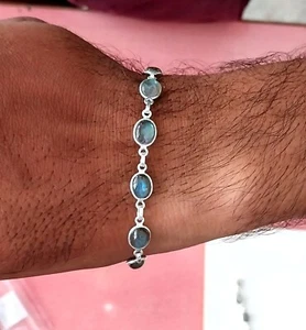 Natural Labradorite Oval Gemstone Bracelet 925 Sterling Silver Jewelry 7" - Picture 1 of 6