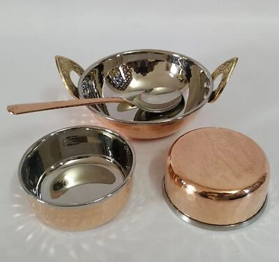Pure Copper Stainless Steel Dinnerware Brass Handle 1Kadai  2 Bowl 1 Spoon - Image 1 of 4