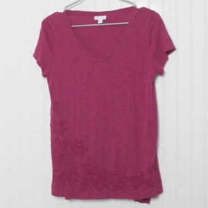 J Jill Purple Embroidered VNeck Short Sleeve NVeck Cotton Blend Tunic Top Small - Picture 1 of 9