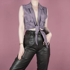 VINTAGE 80s 90s Silk Crop Grunge Tie Waist Purple Rework Blouse Shirt Top S 8 10 - Picture 1 of 12