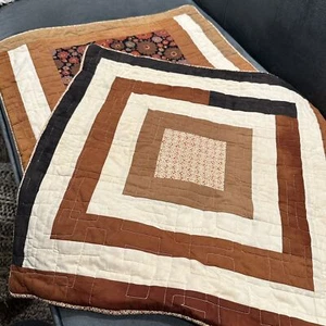Set Handmade Quilted Pillowcase Shams 18" Square Earthtones Reversible Geo - Picture 1 of 8