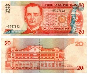 Banconota Filippine NDS 20 Pesos Aquino STARNOTE/SOSTITUZIONE (Cuisia Key Sign.) - Foto 1 di 4