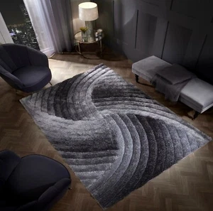 3D SWIRL Shaggy Rug SHIMMER SPARKLE Carved HEAVYWEIGHT Thick Pile GREY SILVER - Picture 1 of 8