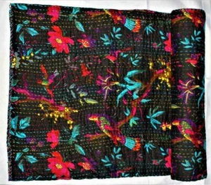 Precioso Doble Pájaro Estampado Negro Colcha Algodón Cuarto Decor Kantha Gudari - Imagen 1 de 6