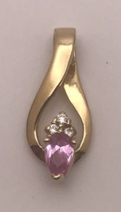 14K GOLD PINK STONE WHITE STONE ACCENT CHARM PENDANT 7/8" LONG - Picture 1 of 4