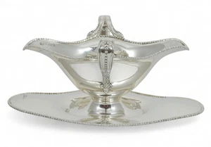 Antique Edwardian 1907 Sterling Silver Double Ended Gravy Sauce Boat Saucer Tray - Picture 1 of 13