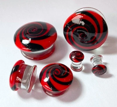 PAIR Red & Black Hypnotic Swirl Glass Double Flare Plugs Tunnels Gauges - Image 1 of 4