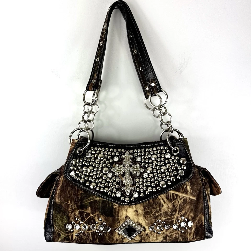 Редкий винтажный через плечо сумочка камуфляж черный Sliver крест с заклепками Western Yallternative - Изображение 1 из 4