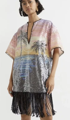 Vestido H&M Studio Palmera Salida del Sol Lentejuelas Flecos Brillantes Chloe Ibiza XS/S Foto 1 de 4