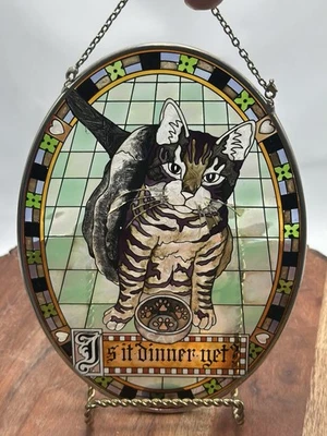 AMIA Hand Painted Stained Glass Sun Catcher Cat Kitten Feline Is It Dinner Yet - Image 1 of 4